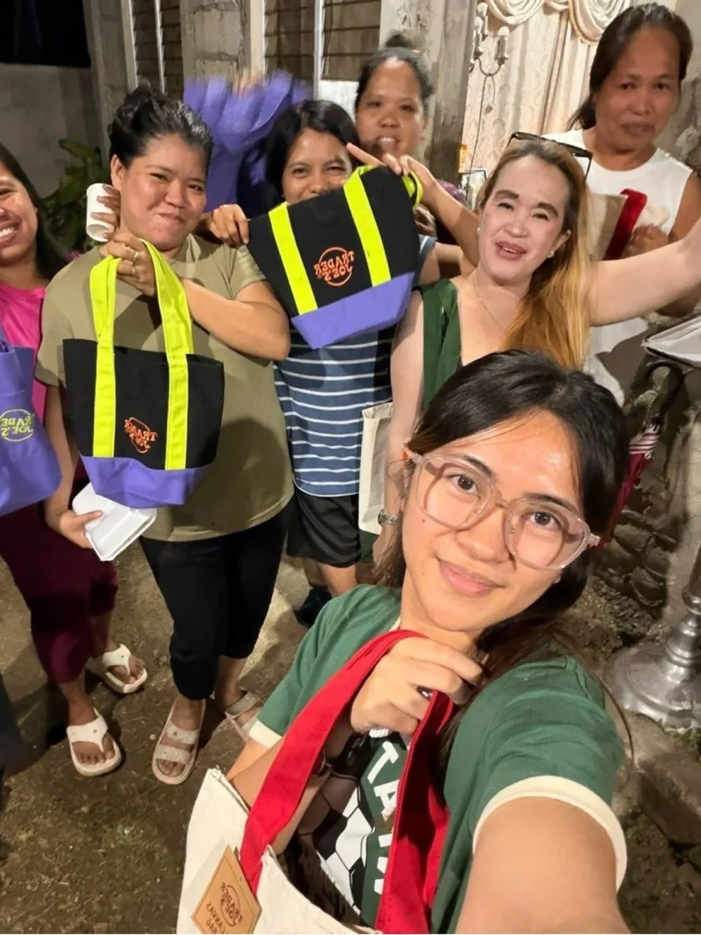 Trader Joe's Black and Purple Tote Bag with Green Handles, Embroidered in Orange - Picture 2 of 2